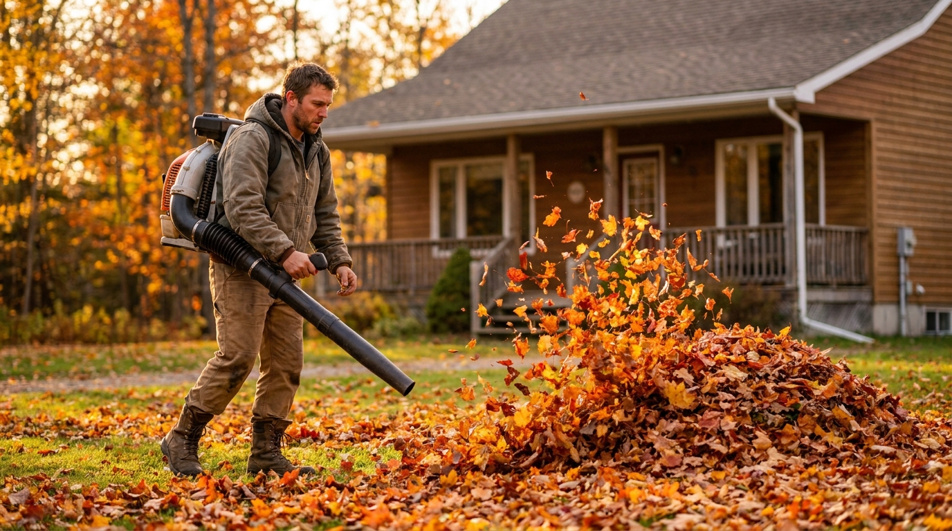 Fall leaf cleanup on a Northern Ontario property handled by Greenpoint Lawn Care