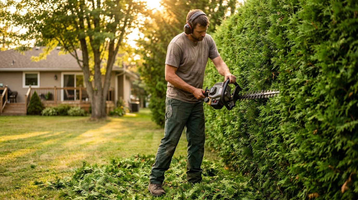Trimmed cedar hedge in Powassan Ontario maintained by Greenpoint